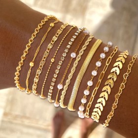 Resim 12 Parça Şık Taşlı Set - Kalp, Yuvarlak Boncuk, Yılan Zincir, Uçak Charm'lı Bling Bling Katmanlı Kolye ve Bileklik Zincirleri - Minimalist Parti Düğün Günlük Kullanım Hediyesi (Kaplamasız) 