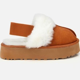 Resim Kadın Süet Taba İçi Kürklü Yüksek Tabanlı Terlik Taba 