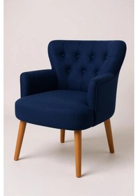 Resim Waterybrook Tekli Berjer Koltuk - Kapitoneli Babyface Kumaş - Ceviz Ahşap Ayaklı - Retro Modern Tasarım Lacivert 