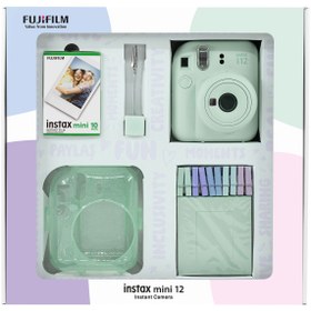 Resim Fujifilm Instax mini 12 Yeşil Fotoğraf Makinesi 10'lu Film Simli Pleksi Kılıf Mandal ve Kıskaçlı Resim Standı 
