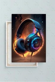 Resim Mgi Design Neon Işıklı Alevli Kulaklık Kanvas Tablo, Müzik Temalı, Genç Odası ve Ofis, 50x70 cm 