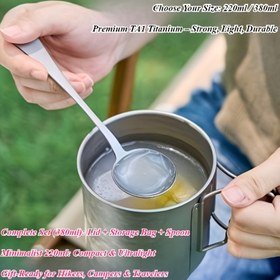 Resim 220ml/380ml Seçenekler Saf Titanyum Outdoor Kahve Kupası - Hafif TA1 Kamp Bardağı. 380ml Kapak, File Çanta ve Katlanabilir Kaşık Dahil. 220ml Kapaksız veya Çantasız. Parmak İzi Tutmaz. Kamp & Seyahat İçin Hediye 