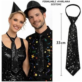 Resim Siyah Renk Pul Payetli Işıltılı Parti Kravatı 33 Cm 13+ 