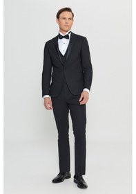 Resim AC&Co / Altınyıldız Classics Erkek Sıyah Yünlü Slim Fit Dar Kesim Çıkma Kırlangıç Yaka Cepli Yelekli Damatlık Smokin Takım Siyah 
