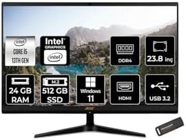 Resim ACER Aspire C24-1800 i5 1335U 24GB 512GB SSD Intel Graphics 23.8" FHD W11H All In One PC Siyah & PER 