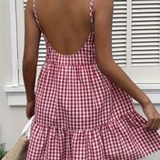 Resim Kadınlar için Yazlık Omuzsuz Gingham Desenli Elbise - Rahat Fırfırlı Etekli Katlı Kumaş, Hafif Makinede Yıkanabilir Plaj Kıyafeti, Piknik ve İlkbahar/Yaz Gezileri İçin, Plaj Elbisesi, Beli Sıkı 