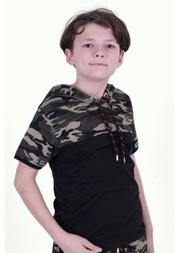 Resim Panios Kids Kapşonlu Kamuflaj Desen Erkek Çocuk T-shirt Haki Yeşil 