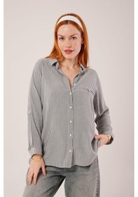 Resim Cep Detay Çizgili Oversize Gri Gömlek 