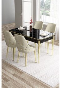 Resim Canisa Tia Serisi 80x132 Açılabilir Mdf Siyah Mermer Desen Gold Detay Masa Takımı Ve 4 Krem Sandalye Masa Siyah Mermer Desen Sandalye Krem 