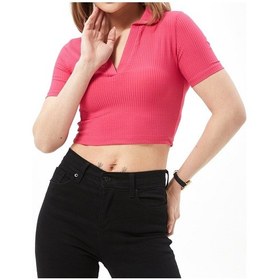 Resim Eylül Moda Kadın Fuşya Gömlek Yaka Crop Top 