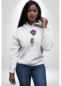 Resim Gezegenler Balon Astronot Yükselişi Kadın Erkek Beyaz Kapüşonlu Sweatshirt Hoodie Beyaz 