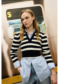 Resim Defacto Slim Fit Dar Kesim Polo Yaka Çizgili Triko Kazak A2060AX23AU Lacivert 