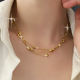 Resim Üç Katmanlı Paslanmaz Çelik Şık Çok Katmanlı Kolye, Çoklu Boncuk Tasarımı ile Hafif Lüks, Günlük Moda Aksesuarı, Erkekler ve Kadınlar için Uygun, Tüm Mevsimler için Çok Yönlü 