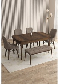 Resim Mazaka Serisi 80x132 Açılabilir Mdf Barok Ahşap Desen Masa Takımı 4 Gri Sandalye 1 Bench Cappucino 