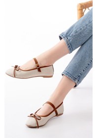 Resim 6321 Bej Keten Günlük Baret Tokalı Bayan Babet Beyaz 