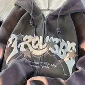 Resim Kadın Kapüşonlu Fermuarlı Hırka - Koyu Kahverengi/Siyah Parıltılı Yıldız Baskılı, Uzun Kollu Kapüşonlu, Tüm Mevsimler İçin Kıyafet ve Resmi Etkinlikler İçin Katman Parçası - Kadın Moda Kazak, Hırka Kazak, Dokulu Kumaş 