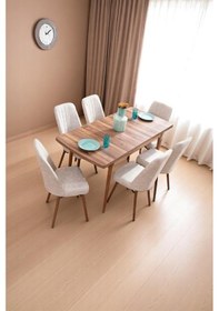 Resim 6 Kişilik Açılır Masa Sandalye Takımı Mutfak Masası Takımı Salon Masası Yemek Masası Masa Takımı Krem 