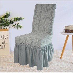 Resim Şal Desen Jakarlı Etekli Sandalye Örtüsü, Kılıfı 6 Adet Gri Gri 