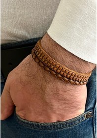 Resim Örgü Detaylı %100 Deri 2li Taba Renk Erkek Bileklik 21 Cm Türk El Üretimi Taba 