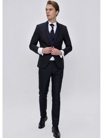 Resim Morven Erkek Lacivert Santos Çıkma Yaka Slim Fit Damatlık Lacivert 