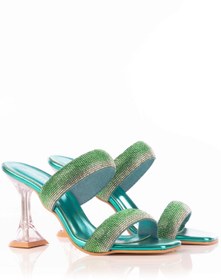 Resim shoeSSpring Cristallo Yeşil Taşlı Şeffaf Kadeh Topuklu Terlik 