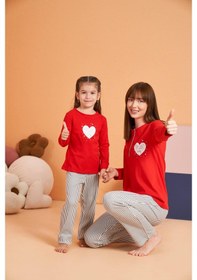 Resim Pjs Kız Çocuk Anne-kız %100 Pamuklu Kalpli Desenli Çizgili Uzun Kollu Pijama Takım Kırmızı 