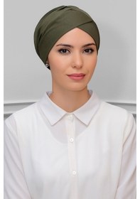 Resim Hürrem Bone Haki Pratik Hazır Geçmeli Tesettür Bone Petekli Fiyonklu Çift Tar Haki 