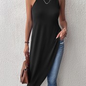 Resim Kadınlar İçin Şık Asimetrik Etekli Kolsuz Tişört - Yuvarlak Yaka Orta Esneklikte Siyah Üst, İlkbahar Yaz Sonbahar için, Günlük & Resmi Giyim, Sezonsal Moda, Zarif Tarz, Rahat Kalıp 