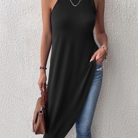 Resim Kadınlar İçin Şık Asimetrik Etekli Kolsuz Tişört - Yuvarlak Yaka Orta Esneklikte Siyah Üst, İlkbahar Yaz Sonbahar için, Günlük & Resmi Giyim, Sezonsal Moda, Zarif Tarz, Rahat Kalıp 