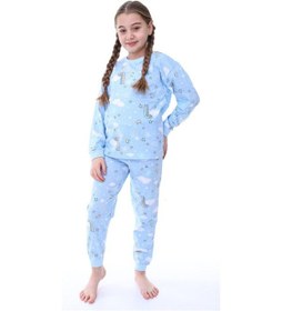 Resim Kız Çocuk Gökkuşağı Desenli Uzun Kollu Pijama Takımı-1076 Mavi 