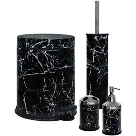 Resim SİLİWAX SİYAH MERMER-4 Lü Set Pedallı Çöp Kovası Wc Klozet Fırça Siyah 