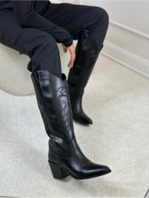 Resim POTEEN Ptc Albino Kadın Western Kovboy Nakışlı Topuklu Çizme-ptc Siyah 