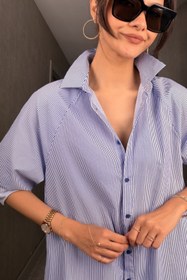 Resim Lacivert Beyaz Çizgili Düğme Detay Maxi Elbise - Lacivert / 38 