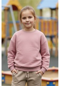 Resim Kız Çocukları İçin 3 İplik Kumaş Pudra Rengi Sweatshirt %100 Pamuk Pudra 