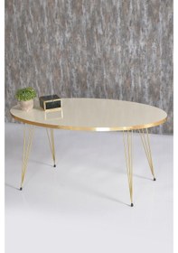 Resim Goldfalez Elips Set Tel Ayak Zigon ve Orta Sehpa Altın - Krem 