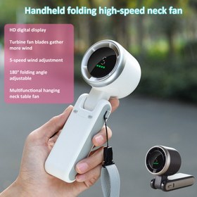 Resim HD Dijital Ekranlı 5 Hızlı Turbofan Boyun Ventilatörü, USB Şarj Edilebilir 3600mAh Pil, 180° Ayarlanabilir Katlama Açısı, Dış Mekan ve Kişisel Kullanım için Sessiz Soğutma - Kompakt, Hafif ve Enerji Tasarruflu, Kişisel Boyun Ventilatörü | Katlanabilir Fan | Dijital Ekranlı Fan 