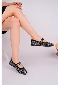 Resim Nesilshoes Nesil Shoes Gabbel 305 Siyah Süet Gümüş Taşlı Kadın Babet Siyah-gümüş 