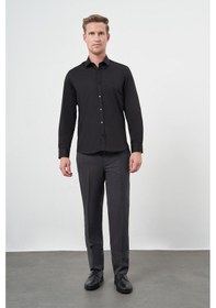 Resim Siyah Uzun Kol Düz Bez Ayağı 032 Sert Yaka Classic Slim Fit Gömlek 1004245324 Siyah 