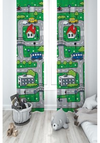 Resim Mekta Home Bebek Ve Çocuk Odası Şehir Ve Yol Desenli Yeşil 2 Kanat Fon Perde 