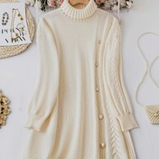 Resim Büyük Beden, Büyük Beden Kadınlar İçin Avrupa ve Amerikan Sonbahar Kış Yeni Yüksek Yaka Kazak Elbise Uzun Kollu Fransız Tarzı Tatlı Zarif Büküm Desen Rahat Yumuşak Çok Yönlü Dekoratif Altın Düğme Midi Kazak Elbise Parti Akşam Kazak Elbise 