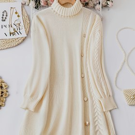 Resim Büyük Beden, Büyük Beden Kadınlar İçin Avrupa ve Amerikan Sonbahar Kış Yeni Yüksek Yaka Kazak Elbise Uzun Kollu Fransız Tarzı Tatlı Zarif Büküm Desen Rahat Yumuşak Çok Yönlü Dekoratif Altın Düğme Midi Kazak Elbise Parti Akşam Kazak Elbise 