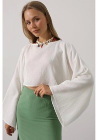 Resim Defymoda Yarasa Kollu Crop Bluz - Beyaz Beyaz 
