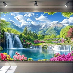 Resim 1 Adet Canlı Şelale Manzaralı Polyester Parti Afişi - Yemyeşil Bitki örtüsü, Çiçek Açan Çiçekler ve Akışkan Şarklar ile Huzurlu Doğa Sahnesi - Ev Dekoru, Duvar Sanatı, Oda Dekoru ve Etkinlik Arka Planı için Mükemmel, Huzurlu Ev Dekoru | Canlı Duvar Afişi | Yüksek Kaliteli Baskı 