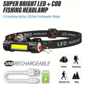 Resim Super parlak LED + COB balıkçılık başlığı, yan tarafta güçlü mıknatıslı şarj edilebilir LED + COB el feneri, spot ışık ve sel ışığı, IP44 başlık, uzun ömürlü menzil, gece balıkçılığı, yürüyüş, kamp, sırt çantasıyla uygun 