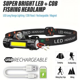 Resim Super parlak LED + COB balıkçılık başlığı, yan tarafta güçlü mıknatıslı şarj edilebilir LED + COB el feneri, spot ışık ve sel ışığı, IP44 başlık, uzun ömürlü menzil, gece balıkçılığı, yürüyüş, kamp, sırt çantasıyla uygun 