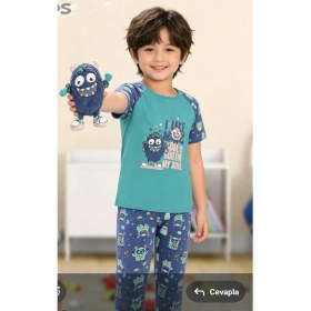 Resim NiCe İç Giyim Sevimli Canavar Baskılı Yeşil & Lacivert Renk Bisiklet Yaka Manşetli Paça Pamuk Penye Erkek Çocuk Pijama Takım 