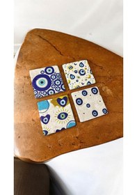 Resim Doğal Taş Bardak Altlığı Nazar Boncuğu Baskılı 4'lü Set - Evil Eye Stone Coasters Çok Renkli 