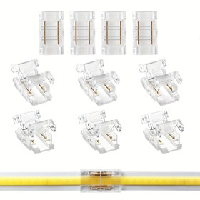Resim 10 adet 8mm 2-pinli COB LED Şerit Bağlantı Elemanları, Tek Renkli LED Şeritler için Lehimlenmemiş Uzatma Klipsleri, Altın Metal Temaslı Şeffaf Plastik, Kolay Kurulum, Güç Gerektirmez, LED Şerit Uzantıları | Lehimlenmeyen Bağlantı | Plastik Kasa, LED Işık Şeridi Bağlayıcı 