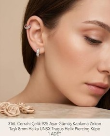 Resim 316L Cerrahi Çelik Gümüş Kaplama Tragus Helix Küpe Piercing Kararmaz Alerji Yapmaz Zirkon Taşlı Halka Küpe 8 mm Unisex Tekli Küpe Kadın Erkek Uyumlu Cartilage Kıkırdak Piercing 