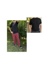 Resim Regular Fit Alt Ekose Pamuklu Örme Bisiklet Yaka Erkek Pijama Takımı 